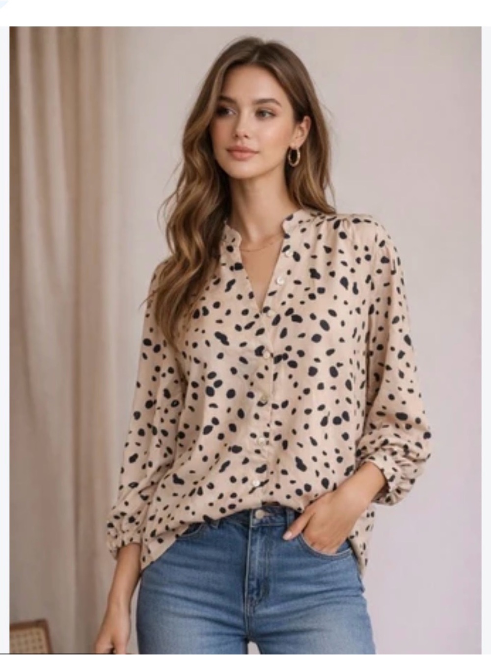 Cezele Beige Black Spot Button-Front Women's Blouse medium